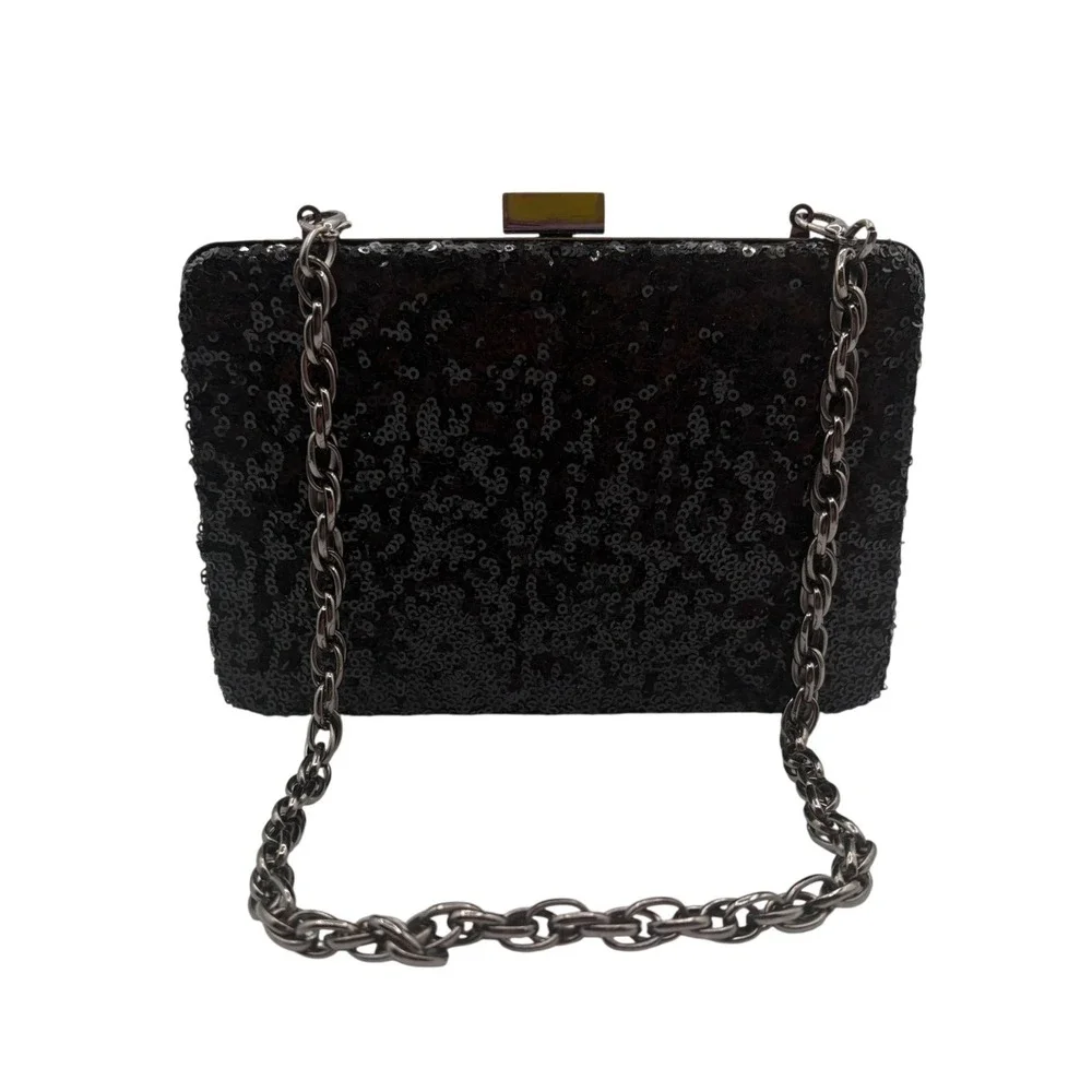 White House Black Market Sequin Clutch Womens Small Black Excellent Evening Bag - Picture 4 of 5